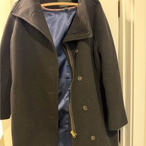 J Crew Black Wool Coat with Blue Lining